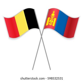 Belgian and Mongolian crossed flags. Belgium combined with Mongolia isolated on white. Language learning, international business or travel concept.