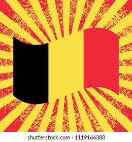 Belgian National Day. 21 July. National holiday concept. Flag of Belgium. Rays from the center, grunge texture