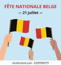 Banner des Belgischen Nationalfeiertags (Übersetzung aus dem Französischen). Vorlage mit verschiedenen Händen, die Flaggen von Belgien. Die quadratische Form eignet sich für soziale Netzwerke. Vektorgrafik.