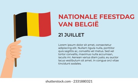 Belgischer Nationalfeiertag (Übersetzung aus dem Niederländischen). Belgischer Urlaub am 21. Juli. Hand, die die Flagge Belgiens hält. Vektorgrafik.