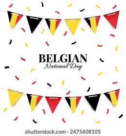 Belgischer Nationalfeiertag. Girlande mit der Flagge Belgiens auf weißem Hintergrund. Vektorillustration.
