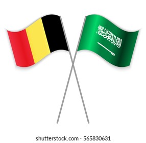 Belgian and Saudi Arabian crossed flags. Belgium combined with Saudi Arabia isolated on white. Language learning, international business or travel concept.