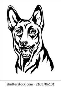 Belgian shepherd black contour portrait. Dog head in front view vector illustration isolated on white. For decor,embroidery, design, print, poster, postcard, sticker, t-shirt, cricut, tattoo svg