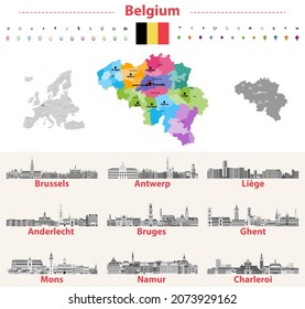 Belgian skylines in grayscale color palette. Flag and map of Belgium