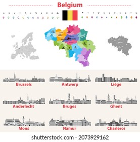 Belgian skylines in grey scales color palette. Flag and map of Belgium