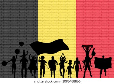 Belgian supporter in front of brick wall. All the objects, silhouettes and the brick wall are in different layers. 