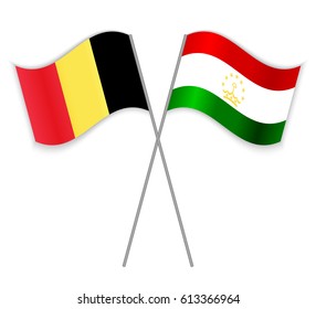 Belgian and Tajikistani crossed flags. Belgium combined with Tajikistan isolated on white. Language learning, international business or travel concept.