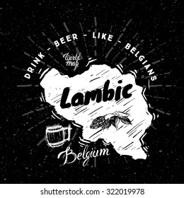 Belgian traditional type of beer with graphic elements on the map of Belgium. Black background
