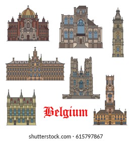 Belgian travel landmarks thin line icon. Belfry of Mons, Antwerp City Hall, Belfry of Bruges, Church of St Christopher, Church of St Peter, Town Hall of Bruges, Cathedral of St Michael and St Gudula.