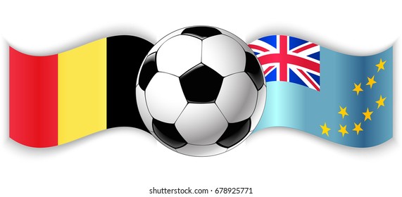 Belgian and Tuvaluan wavy flags with football ball. Belgium combined with Tuvalu isolated on white. Football match or international sport competition concept.