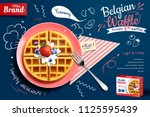 Belgian waffle ads with delicious fruit and cream in 3d illustration on blue doodle background, top view