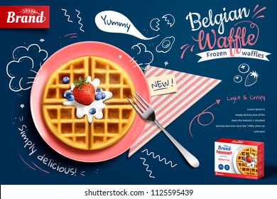 Belgian waffle ads with delicious fruit and cream in 3d illustration on blue doodle background, top view