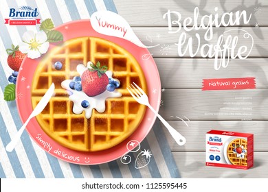 Belgian waffle ads with delicious fruit and cream in 3d illustration on outdoor white wooden table, top view