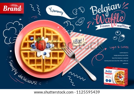 Belgian waffle ads with delicious fruit and cream in 3d illustration on blue doodle background, top view