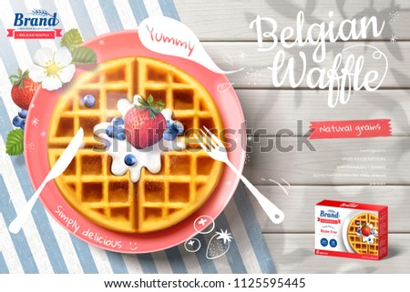 Belgian waffle ads with delicious fruit and cream in 3d illustration on outdoor white wooden table, top view