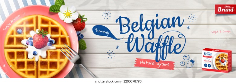 Belgian waffle banner ads with delicious pancake on wooden table, flat lay perspective in 3d illustration