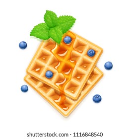 Belgian Waffle, blueberries, honey and peppermint. Dessert sweetness. Lunch cooking. Blueberry decoration. Isolated white background. EPS10 vector illustration.