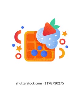 Belgian waffle with blueberries and strawberry vector Illustration on a white background