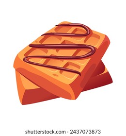 Belgian Waffle with Chocolate Topping. Traditional Breakfast Food. Vector Cartooon Illustration.