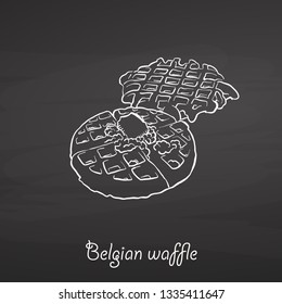Belgian Waffle Food Sketch On Chalkboard. Vector Drawing Of Waffle, Usually Known In Belgium. Food Illustration Series.