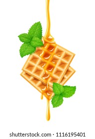 Belgian Waffle, honey and peppermint. Dessert sweetness. Concept design for desserts menu. Lunch cooking. Isolated white background. EPS10 vector illustration.