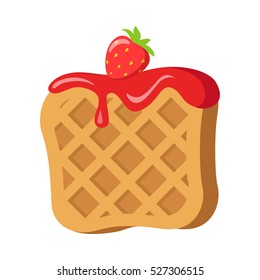 Belgian waffle with jam and strawberry. Sweets. Flowing red cream on waffle. Front view. Picture of isolated square crispy waffle in simple cartoon style. Flat design. 3D illustration. Vector