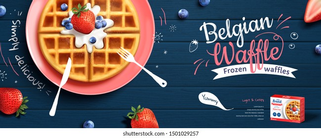Belgian waffle mix ads on blue wooden table background in 3d illustration, top view angle