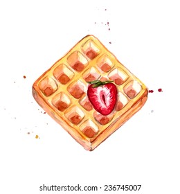 Belgian waffle with red strawberry watercolor illustration. Vector dessert painting isolated on white background.