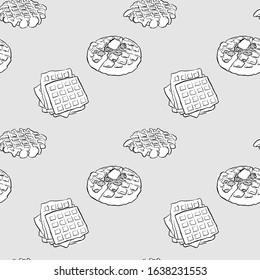 Belgian Waffle Seamless Pattern Greyscale Drawing. Useable For Wallpaper Or Any Sized Decoration. Handdrawn Vector Illustration