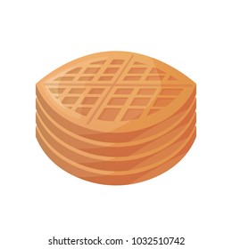Belgian waffle. Vienna wafer, delicious pastry, waffle cake. Bakery products, homemade cakes. Vector illustration isolated on white background.