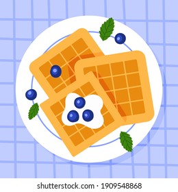 Belgian waffles with blueberries and mint on a plate. Breakfast. Vector illustration.