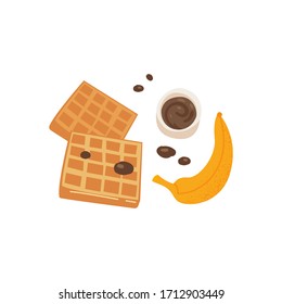 Belgian waffles with coffee isolated vector icon. Waffles breakfast with chocolate and banana illustration in children hand drawing style. Coffee, breakfast top view print. Morning food menu design.