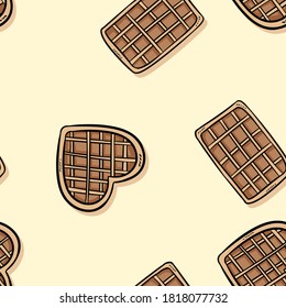 Belgian waffles doodles seamless border pattern. Cute cartoon tasty breakfast repeatable background tile. Cozy template of stock illustration for wrapping design, wallpaper