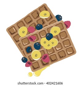 Belgian waffles flat vector illustration. Caramel sauce flowing over a waffle with blueberry, banana and raspberry. hand drawn healthy waffles snack. Sweet Delicious Waffles With Fruits and berries