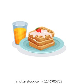 Belgian waffles with ice cream and glass of juice, traditional food for breakfast vector Illustration on a white background