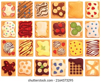 Belgian waffles icons set cartoon vector. Coffee appetizer. Cup belgium