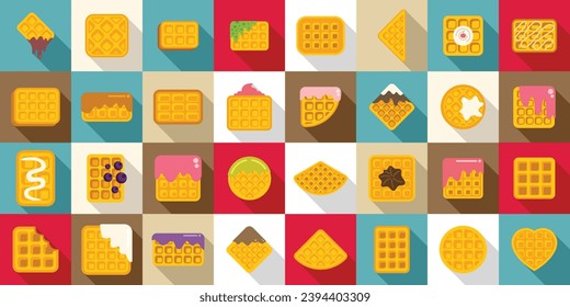 Belgian waffles icons set flat vector. Belgium appetizer cream. Bakery food