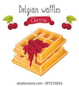 Belgian waffles with raspberry jam on white background