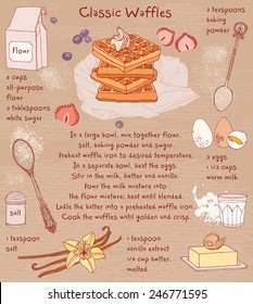 Belgian waffles. Recipe card. Food ingredients.