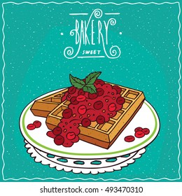 Belgian waffles with red berries on plate, lie on lacy napkin. Cyan background and ornate lettering bakery. Handmade cartoon style. Vector illustration