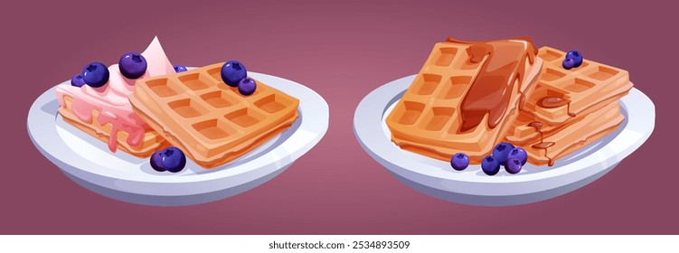 Waffles belgas servidos em placas de cerâmica. Quadrados dourados crocantes cobertos com mirtilos frescos, xarope de caramelo e sorvete. Panificação café da manhã com coberturas generosas e bagas.
