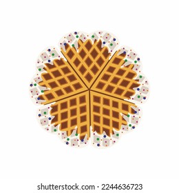 Belgian waffles in shape of heart with cream or white chocolate. Isolated on white background. Dessert. Valentines day celebration lunch.