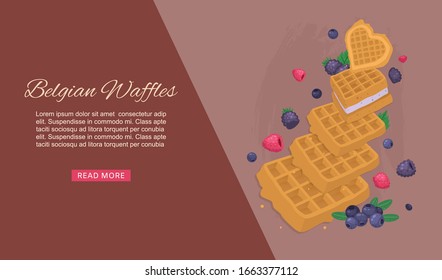 Belgian waffles snack with ice cream and berries, cafe breakfast menu vector illustration banner. Sweet tasty dessert waffles breakfast food poster with text.