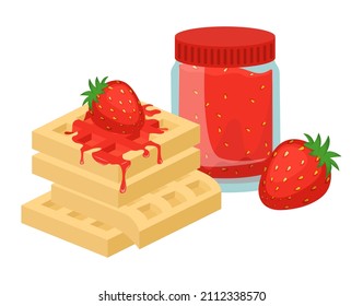 Waffles belgas con mermelada de fresa, ilustración vectorial plana. Postre dulce y sabroso. La carta del desayuno.
