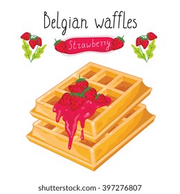 Belgian waffles with strawberry jam on white background
