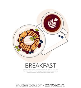 Belgian waffles vector illustration. Waffles with cup of coffee.