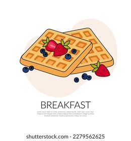 Belgian waffles vector illustration. Healthy eating, cooking, breakfast menu, dessert, recipes