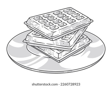 Belgian waffles vintage monochrome sticker with fresh wafers snacks baked in oven for classic dessert vector illustration