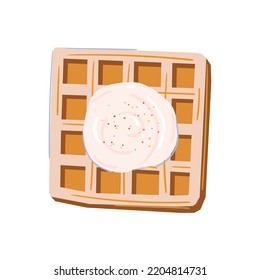 Belgian waffles with whipped cream. Hand drawn watercolor illustration. Isolated on white background.
