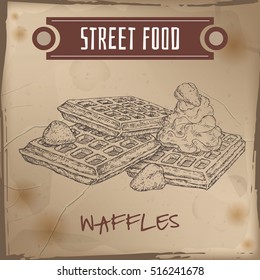 Belgian waffles with whipped cream and strawberries sketch on grunge background. Belgian cuisine. Street food series. Great for recipe books, markets, restaurants, cafe, food label design.